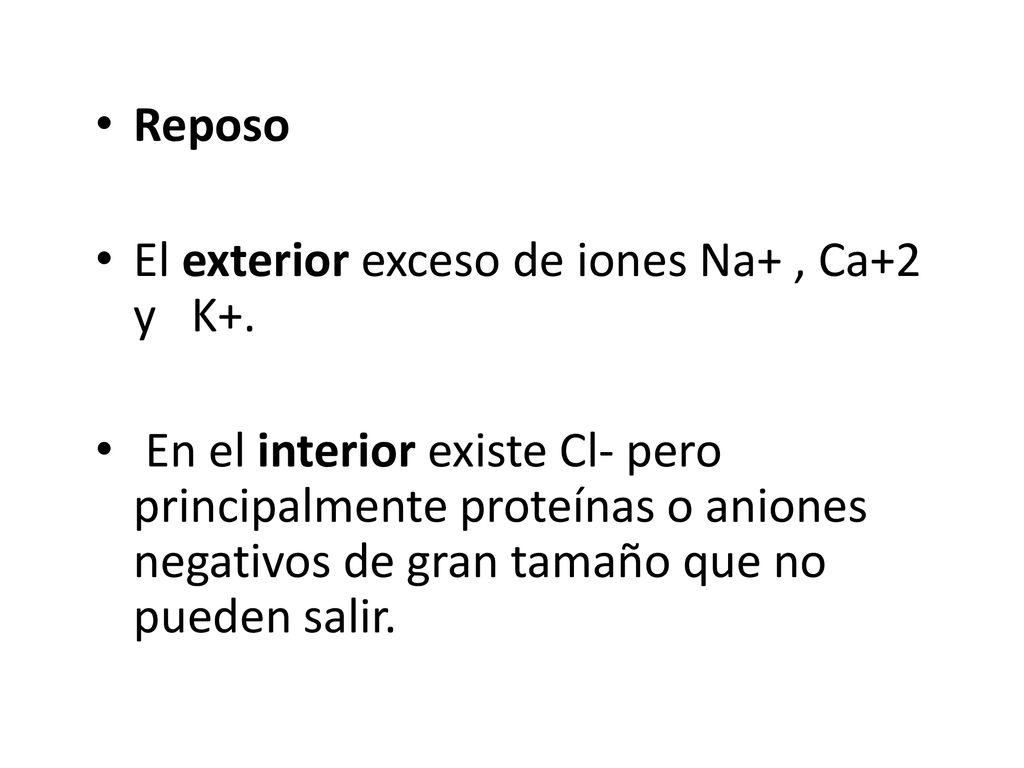 Reposo El exterior exceso de iones Na+ , Ca+2 y K+.