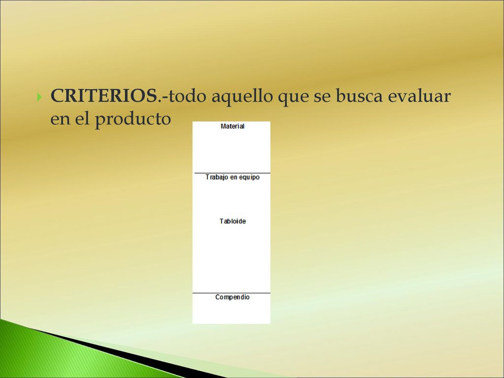 CRITERIOS.-todo aquello que se busca evaluar en el producto