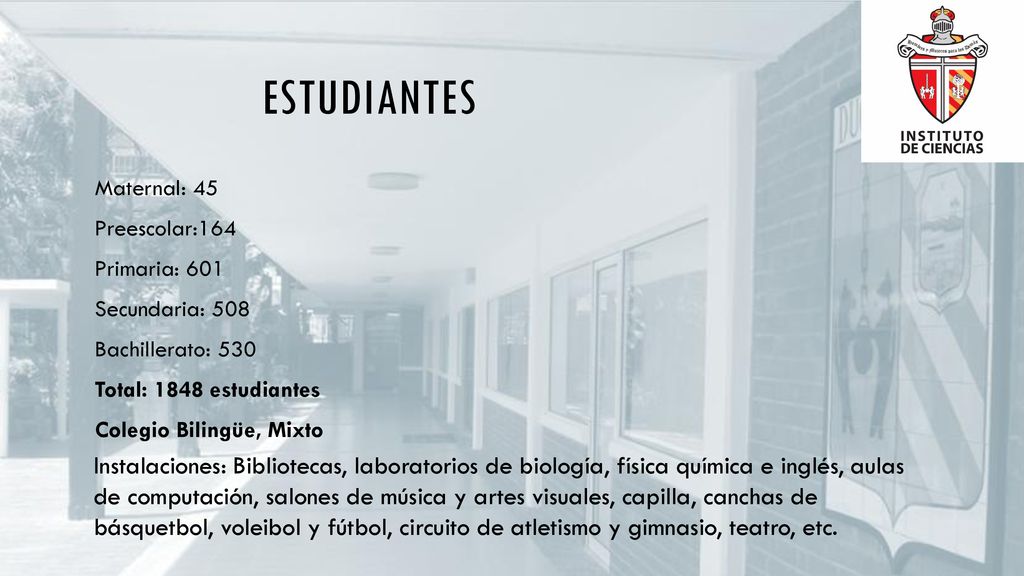 estudiantes Maternal: 45. Preescolar:164. Primaria: 601. Secundaria: 508. Bachillerato: 530. Total: 1848 estudiantes.