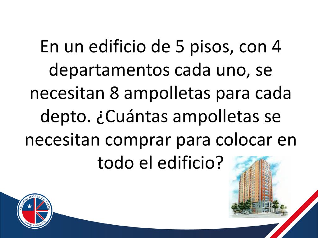 En un edificio de 5 pisos, con 4 departamentos cada uno, se necesitan 8 ampolletas para cada depto.