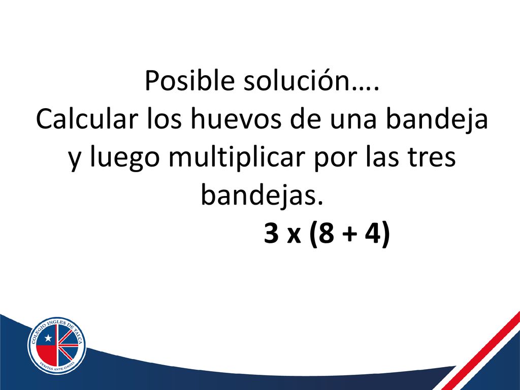 Posible solución…. Calcular los huevos de una bandeja y luego multiplicar por las tres bandejas.