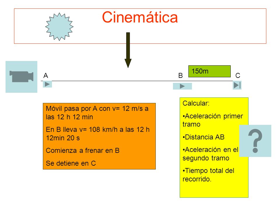 Cinemática 150m A B C Calcular: Aceleración primer tramo Distancia AB