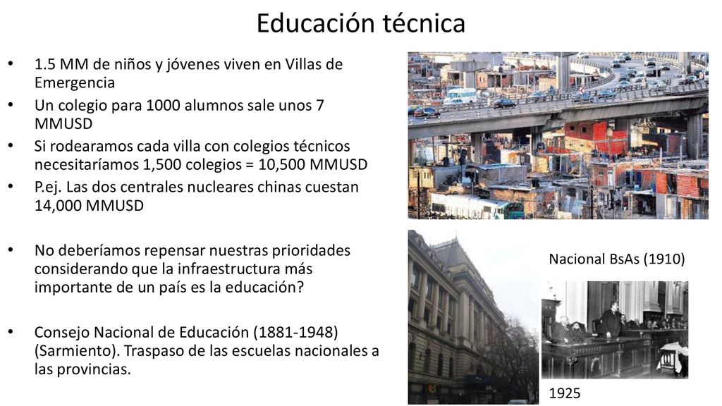 Educación técnica 1.5 MM de niños y jóvenes viven en Villas de Emergencia. Un colegio para 1000 alumnos sale unos 7 MMUSD.