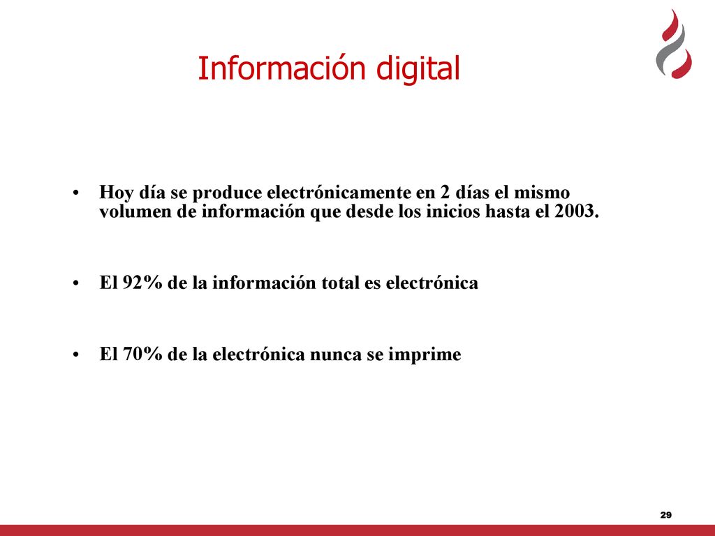 Información digital Hoy día se produce electrónicamente en 2 días el mismo volumen de información que desde los inicios hasta el