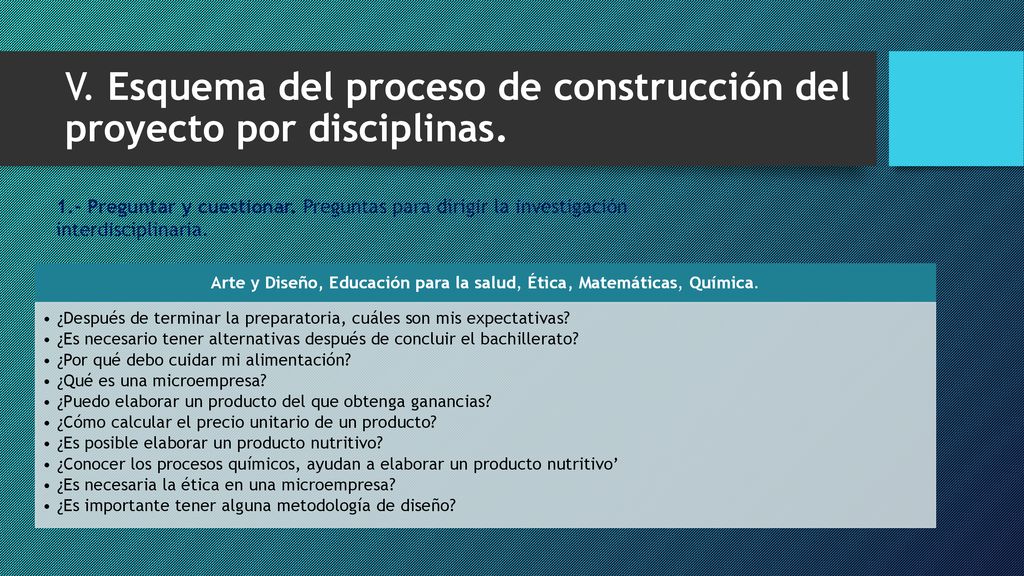 V. Esquema del proceso de construcción del proyecto por disciplinas.