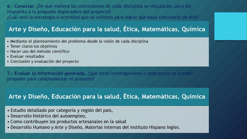 Arte y Diseño, Educación para la salud, Ética, Matemáticas, Química