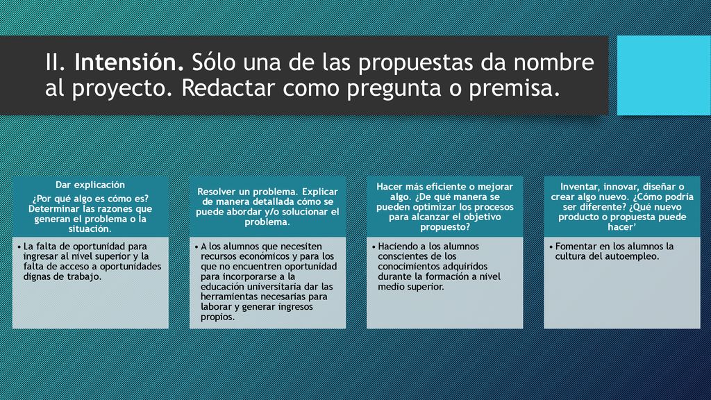 II. Intensión. Sólo una de las propuestas da nombre al proyecto