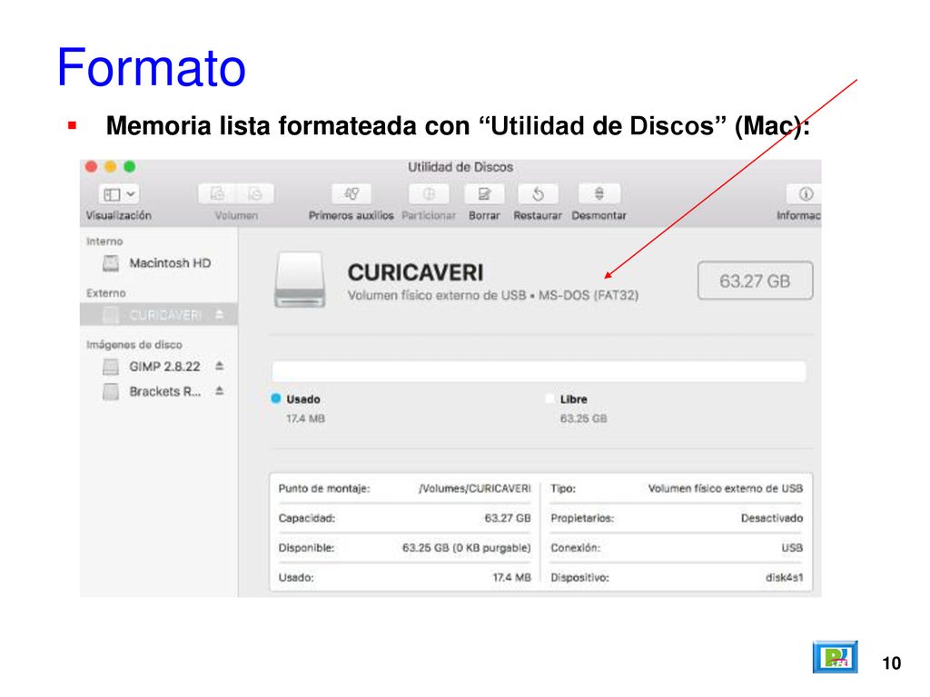 Formato Memoria lista formateada con Utilidad de Discos (Mac): 10