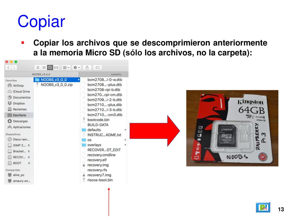 Copiar Copiar los archivos que se descomprimieron anteriormente a la memoria Micro SD (sólo los archivos, no la carpeta):