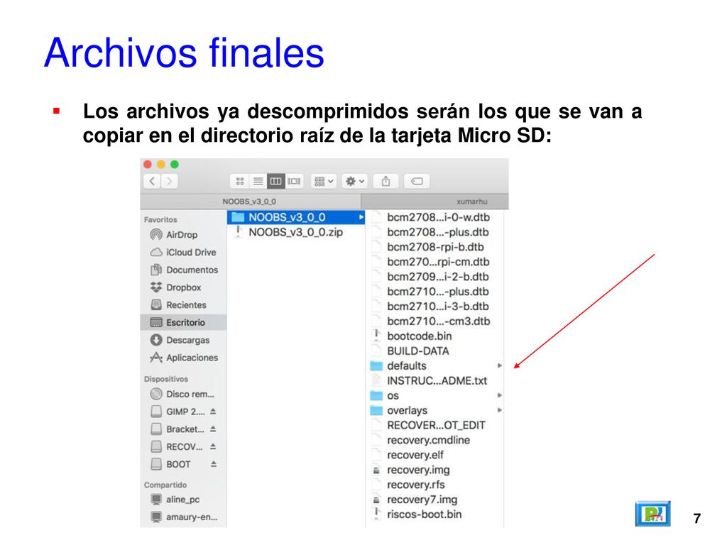 Archivos finales Los archivos ya descomprimidos serán los que se van a copiar en el directorio raíz de la tarjeta Micro SD: