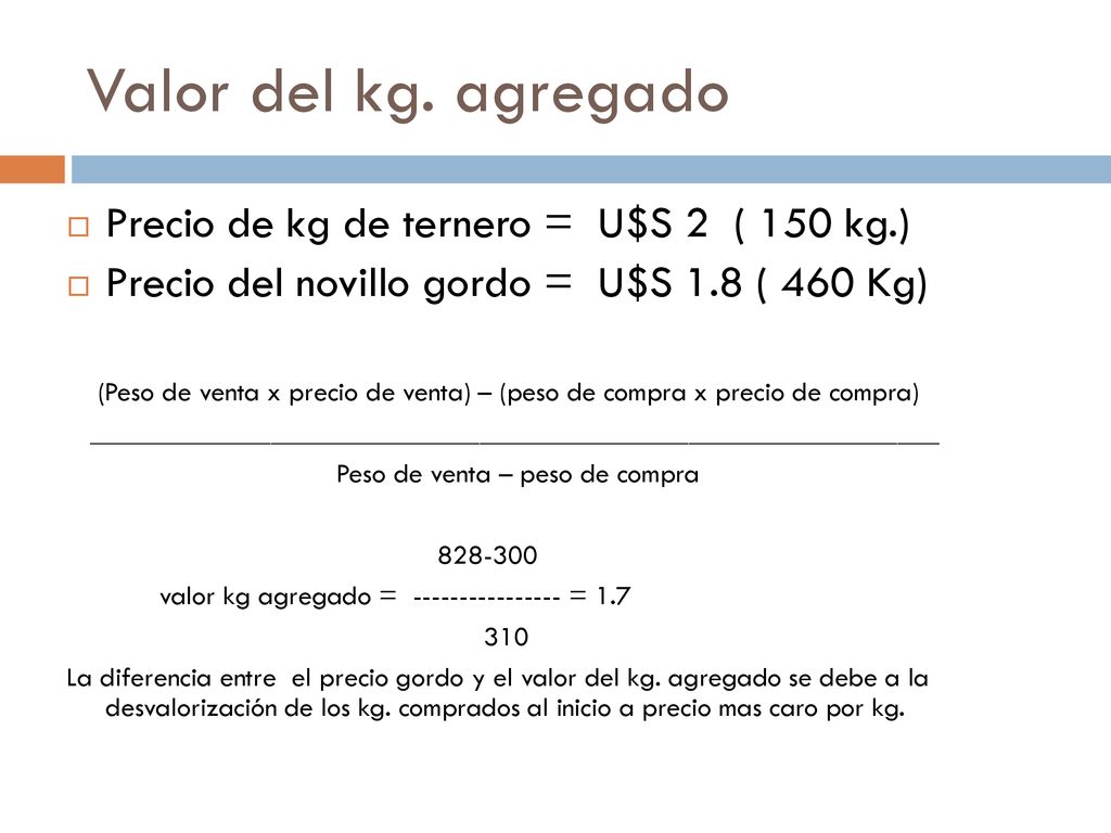Valor del kg. agregado Precio de kg de ternero = U$S 2 ( 150 kg.)
