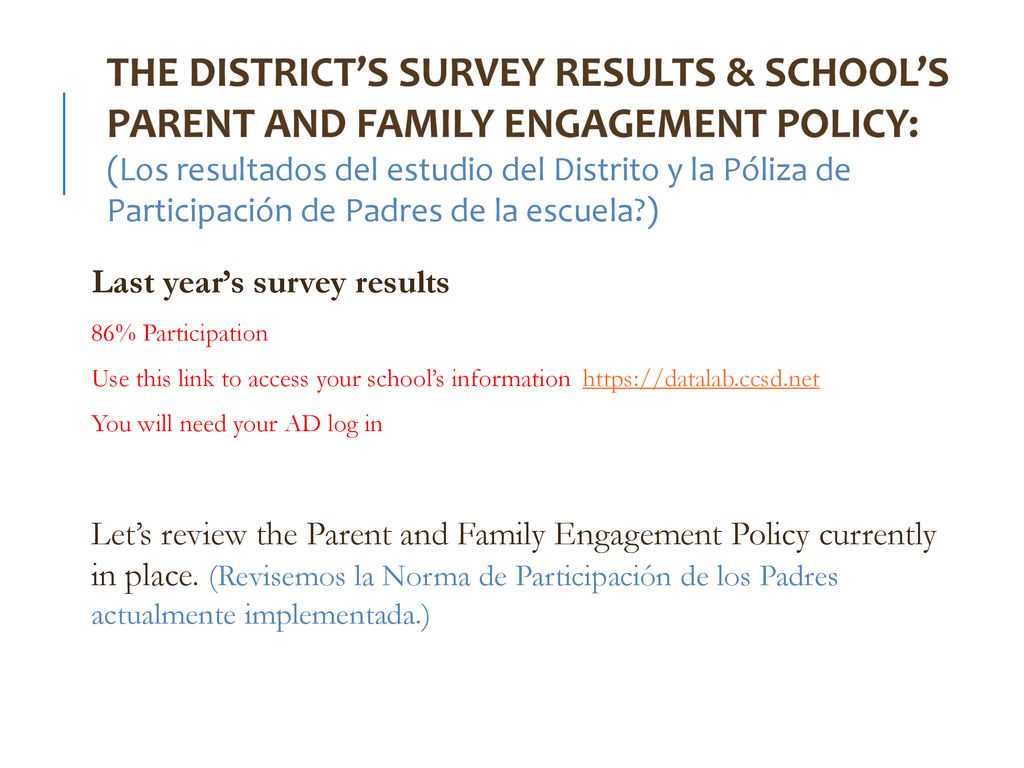 The District’s Survey results & School’s Parent And Family Engagement Policy: (Los resultados del estudio del Distrito y la Póliza de Participación de Padres de la escuela )
