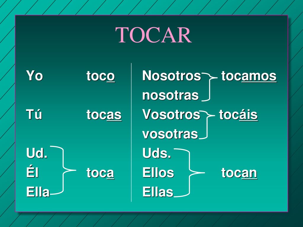 TOCAR Yo toco Tú tocas Ud. Él toca Ella Nosotros tocamos nosotras