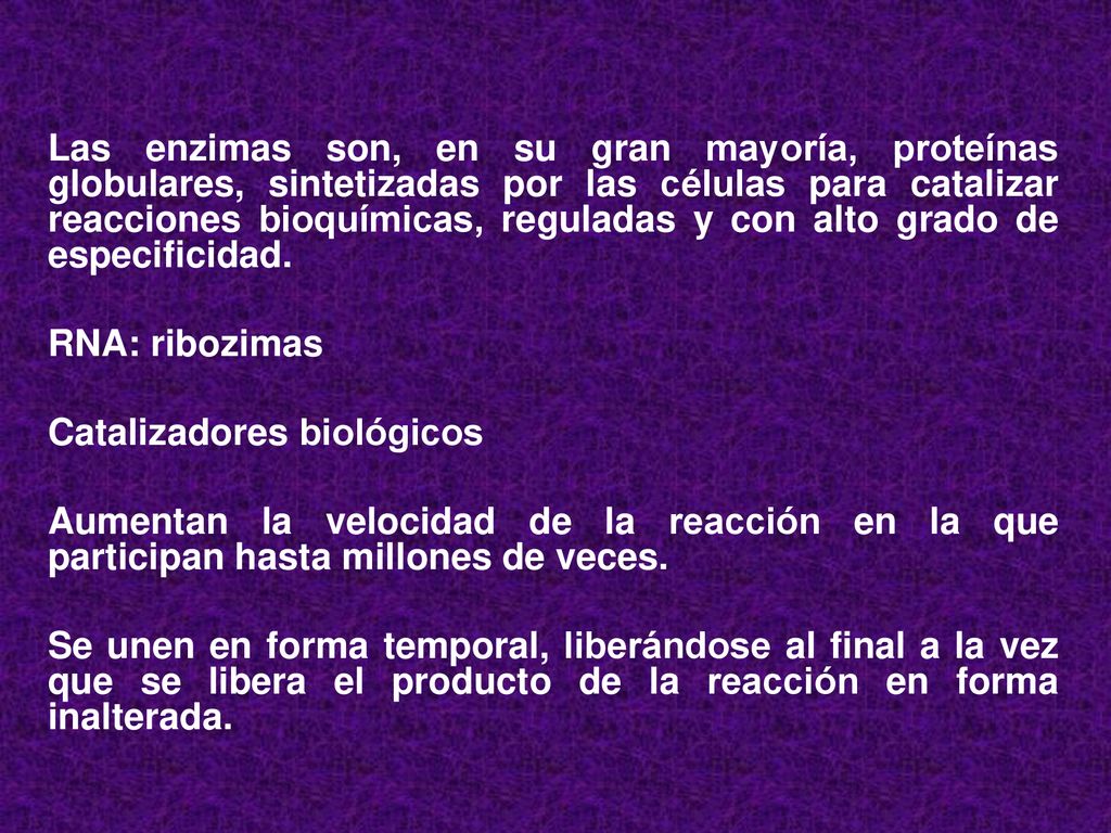 Las enzimas son, en su gran mayoría, proteínas globulares, sintetizadas por las células para catalizar reacciones bioquímicas, reguladas y con alto grado de especificidad.