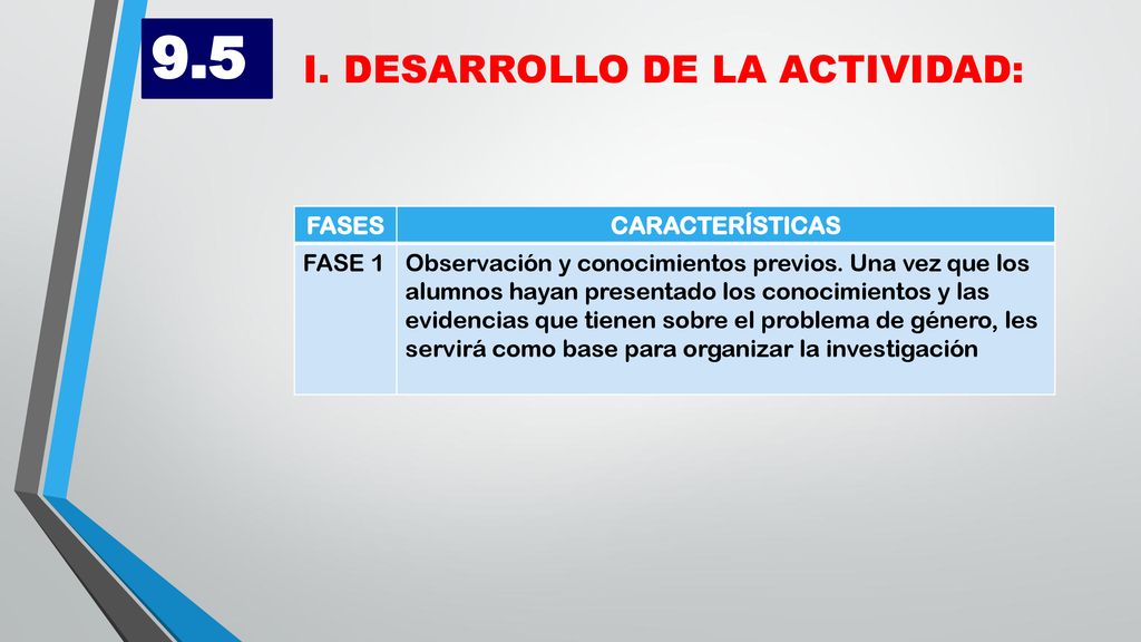 9.5 I. DESARROLLO DE LA ACTIVIDAD: FASES CARACTERÍSTICAS FASE 1