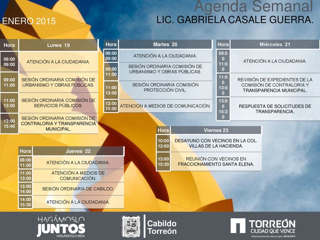 Agenda Semanal LIC. GABRIELA CASALE GUERRA. ENERO 2015 Cabildo Torreón