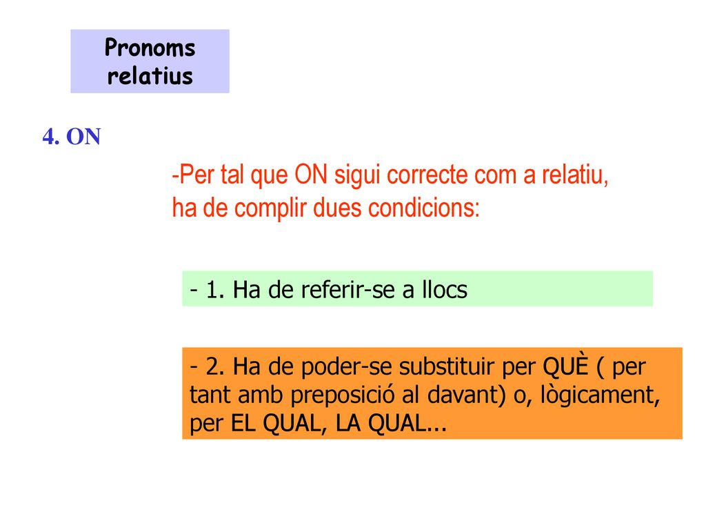 Pronoms relatius 4. ON. Per tal que ON sigui correcte com a relatiu, ha de complir dues condicions: