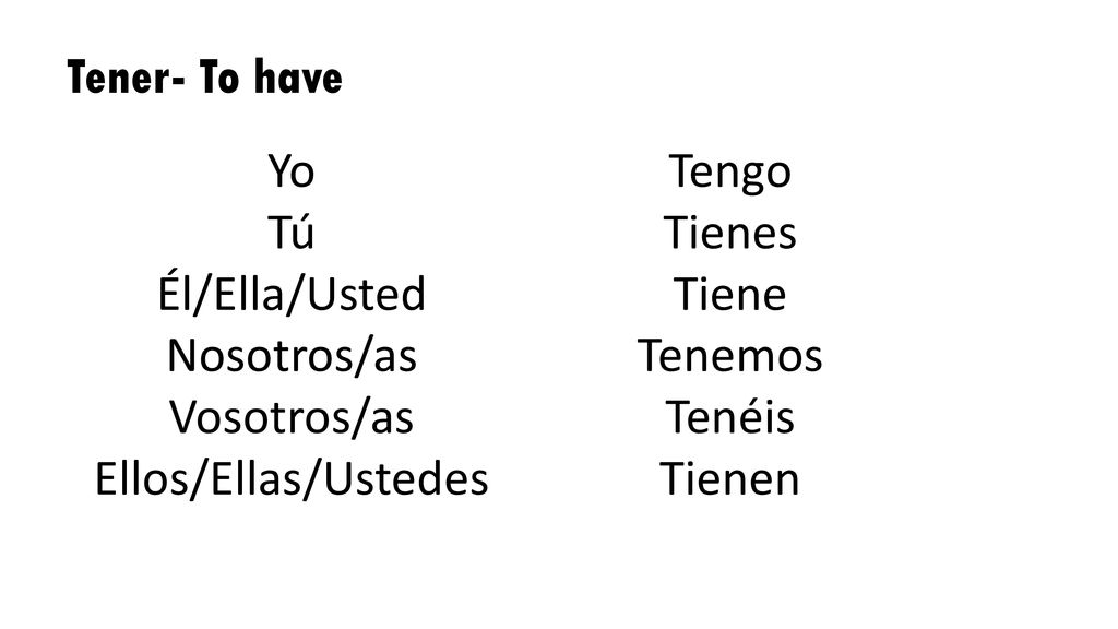 Tener- To have Yo. Tú. Él/Ella/Usted. Nosotros/as. Vosotros/as. Ellos/Ellas/Ustedes. Tengo. Tienes.