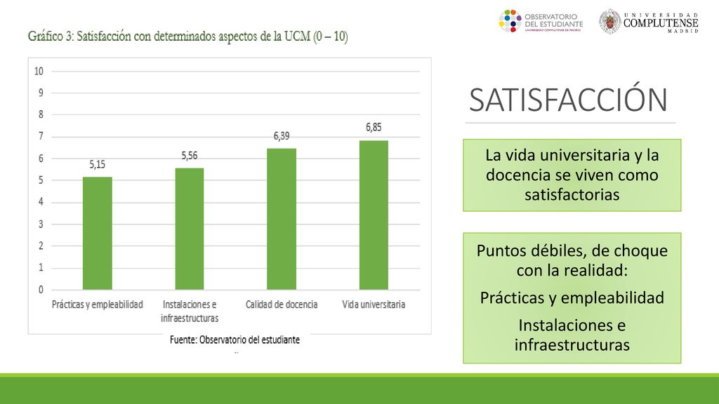 SATISFACCIÓN La vida universitaria y la docencia se viven como satisfactorias. Puntos débiles, de choque con la realidad: