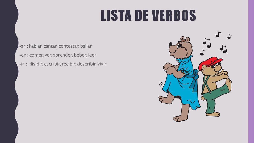 Lista de Verbos -ar : hablar, cantar, contestar, baliar -er : comer, ver, aprender, beber, leer -ir : dividir, escribir, recibir, describir, vivir