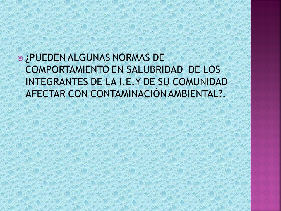 ¿PUEDEN ALGUNAS NORMAS DE COMPORTAMIENTO EN SALUBRIDAD DE LOS INTEGRANTES DE LA I.E.Y DE SU COMUNIDAD AFECTAR CON CONTAMINACIÓN AMBIENTAL .