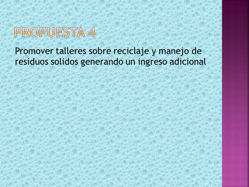 Propuesta 4 Promover talleres sobre reciclaje y manejo de residuos solidos generando un ingreso adicional.