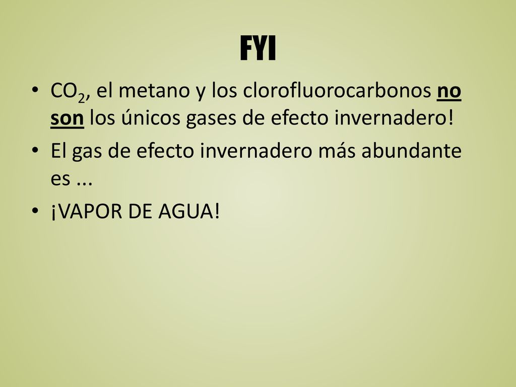 FYI CO2, el metano y los clorofluorocarbonos no son los únicos gases de efecto invernadero! El gas de efecto invernadero más abundante es ...