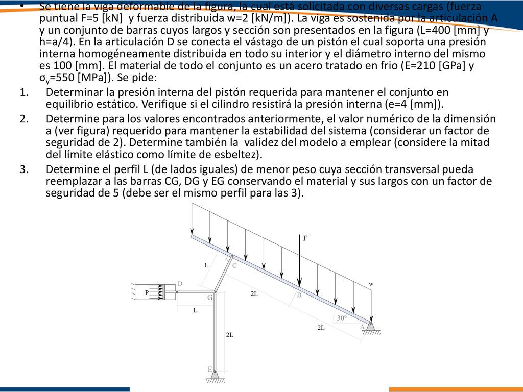 Se tiene la viga deformable de la figura, la cual está solicitada con diversas cargas (fuerza puntual F=5 [kN] y fuerza distribuida w=2 [kN/m]). La viga es sostenida por la articulación A y un conjunto de barras cuyos largos y sección son presentados en la figura (L=400 [mm] y h=a/4). En la articulación D se conecta el vástago de un pistón el cual soporta una presión interna homogéneamente distribuida en todo su interior y el diámetro interno del mismo es 100 [mm]. El material de todo el conjunto es un acero tratado en frio (E=210 [GPa] y σy=550 [MPa]). Se pide: