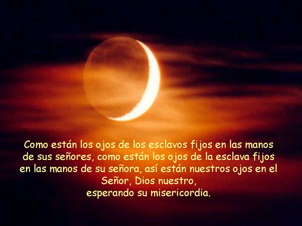 Como están los ojos de los esclavos fijos en las manos de sus señores, como están los ojos de la esclava fijos en las manos de su señora, así están nuestros ojos en el Señor, Dios nuestro, esperando su misericordia.