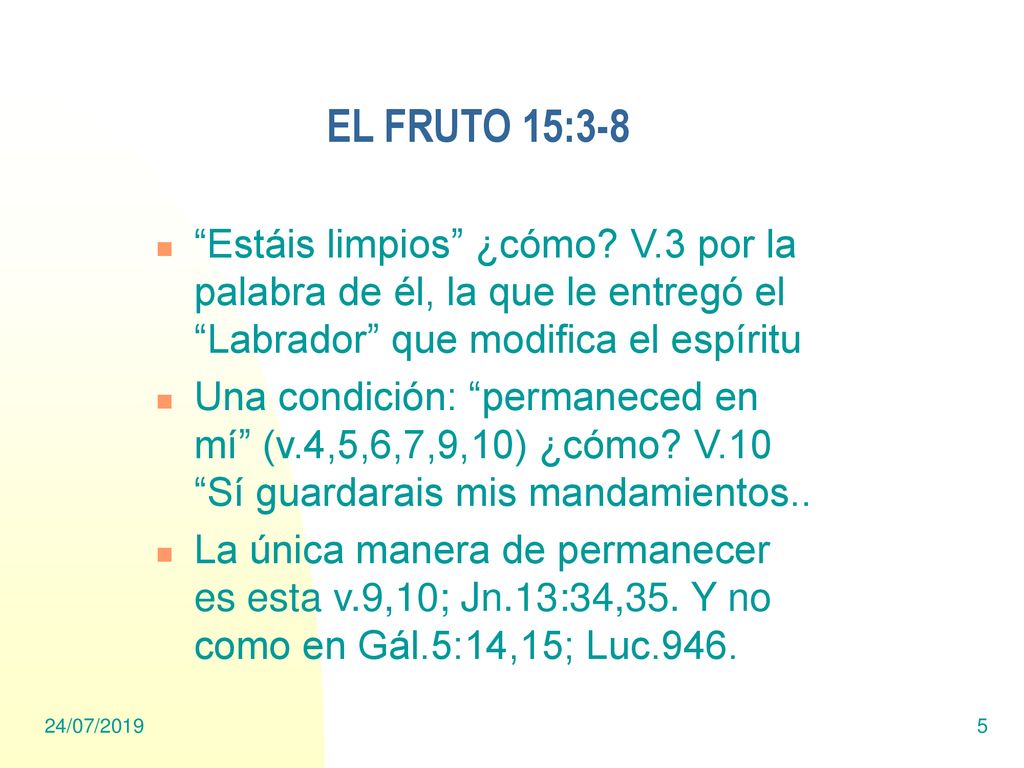 EL FRUTO 15:3-8 Estáis limpios ¿cómo V.3 por la palabra de él, la que le entregó el Labrador que modifica el espíritu.