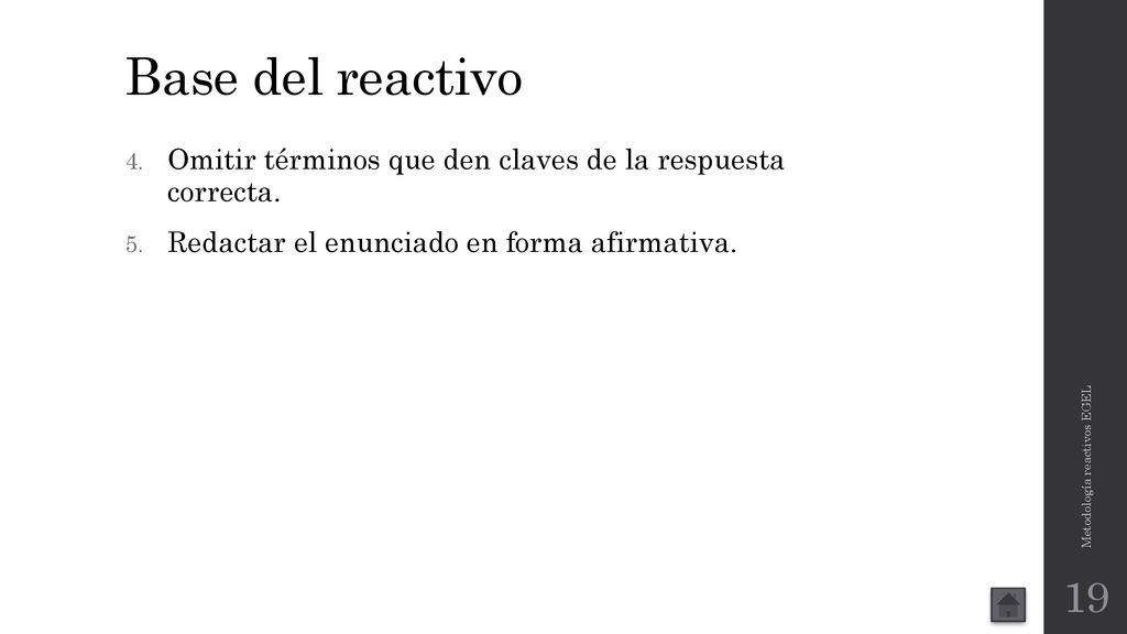 Base del reactivo Omitir términos que den claves de la respuesta correcta. Redactar el enunciado en forma afirmativa.