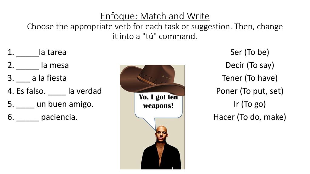 Enfoque: Match and Write Choose the appropriate verb for each task or suggestion. Then, change it into a tú command.
