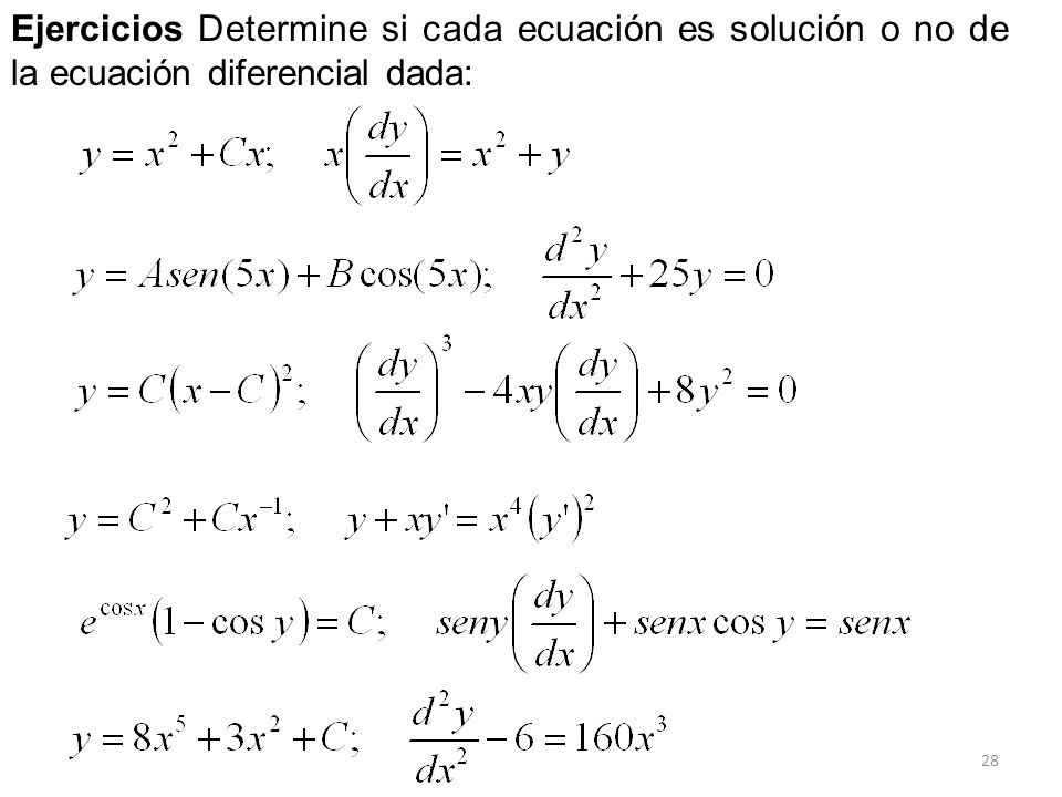 Ejercicios Determine si cada ecuación es solución o no de la ecuación diferencial dada:
