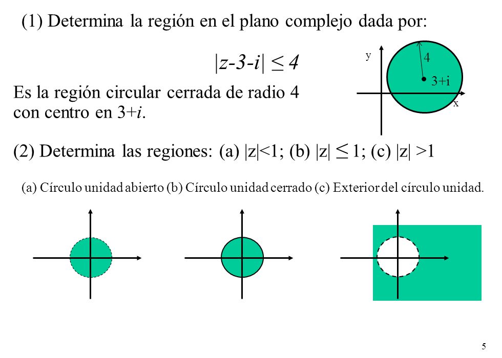 (1) Determina la región en el plano complejo dada por: |z-3-i| ≤ 4