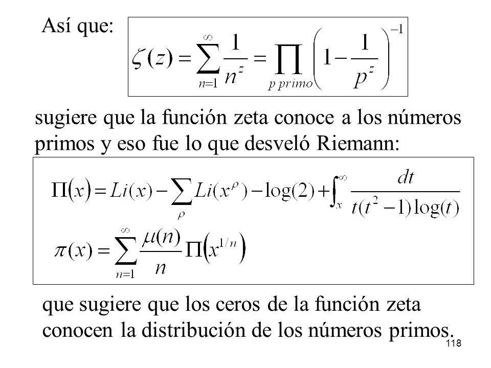 Así que: sugiere que la función zeta conoce a los números. primos y eso fue lo que desveló Riemann:
