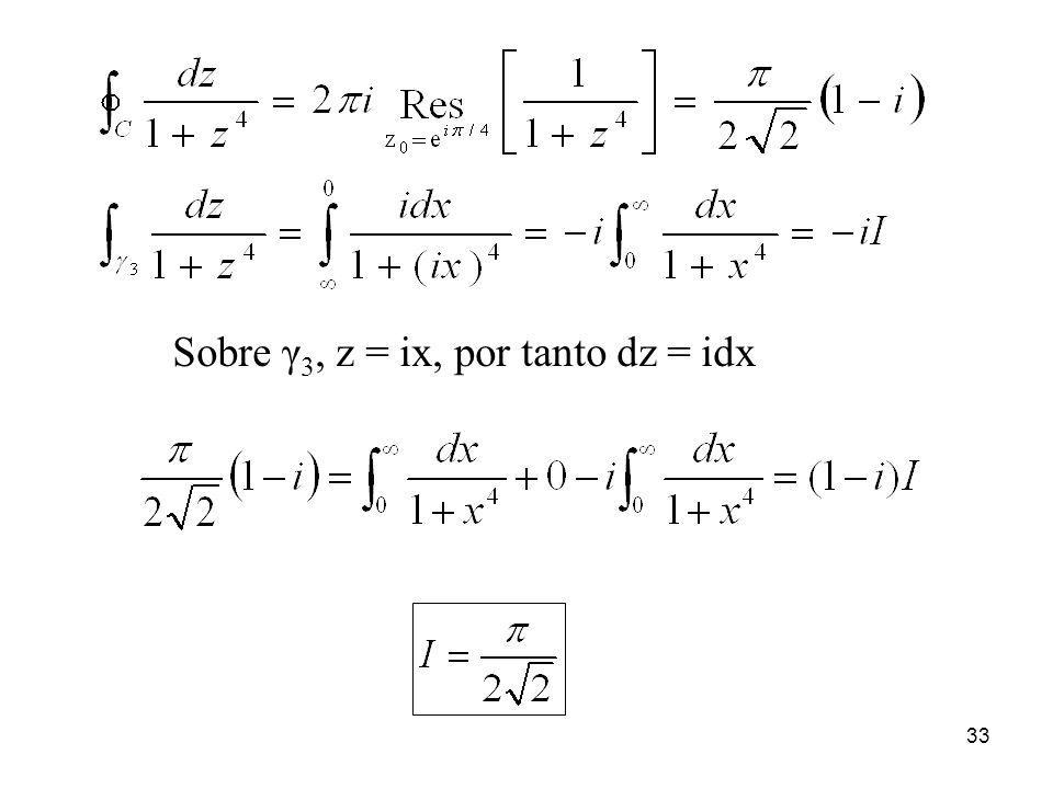 Sobre γ3, z = ix, por tanto dz = idx