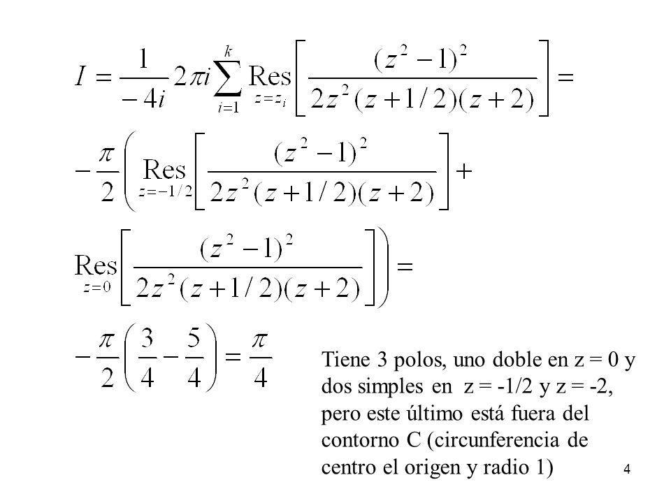 Tiene 3 polos, uno doble en z = 0 y dos simples en z = -1/2 y z = -2, pero este último está fuera del contorno C (circunferencia de centro el origen y radio 1)