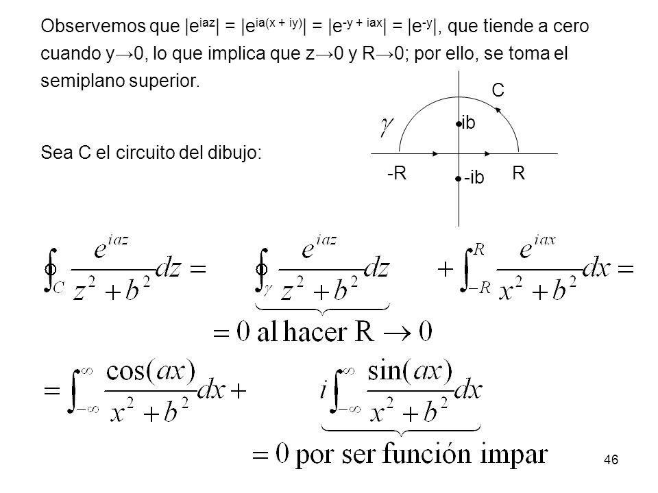 Observemos que |eiaz| = |eia(x + iy)| = |e-y + iax| = |e-y|, que tiende a cero cuando y→0, lo que implica que z→0 y R→0; por ello, se toma el semiplano superior.