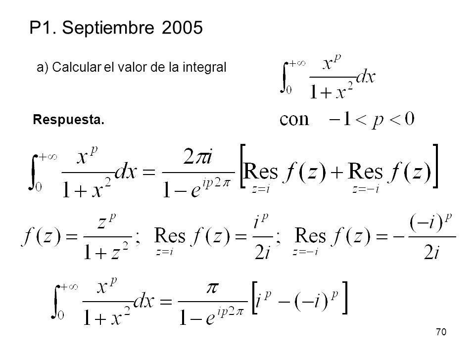 P1. Septiembre 2005 a) Calcular el valor de la integral Respuesta.