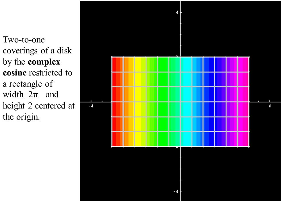 Two-to-one coverings of a disk by the complex cosine restricted to a rectangle of width 2π and height 2 centered at the origin.