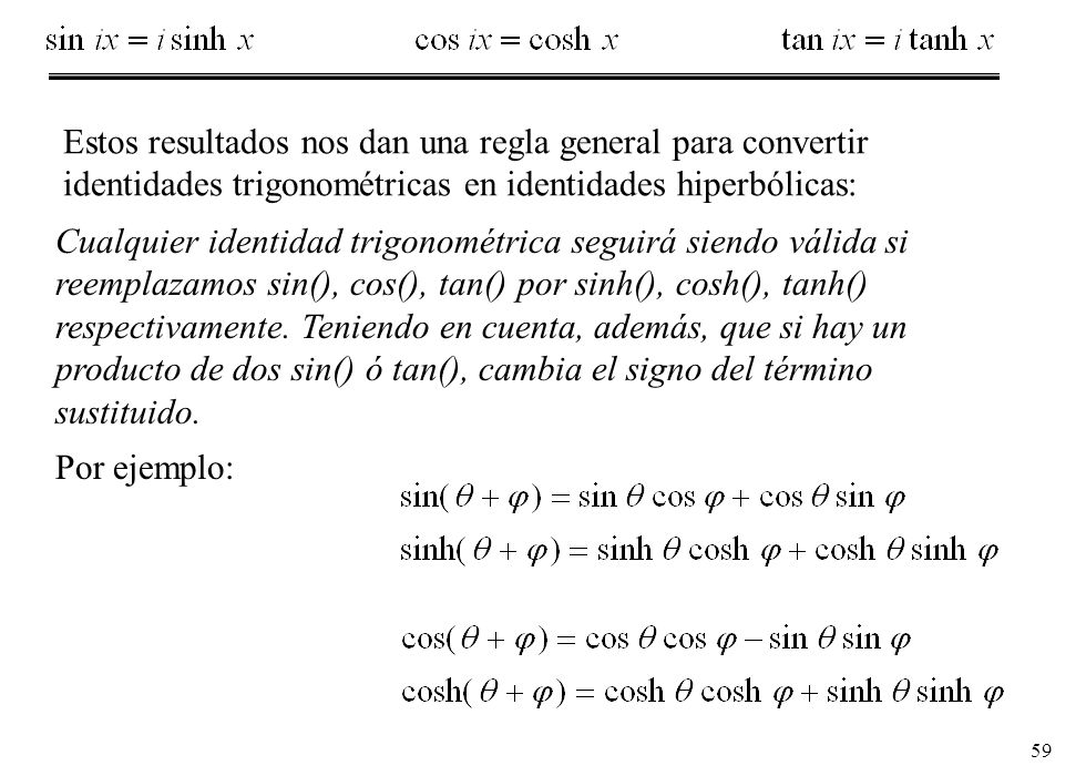 Estos resultados nos dan una regla general para convertir identidades trigonométricas en identidades hiperbólicas:
