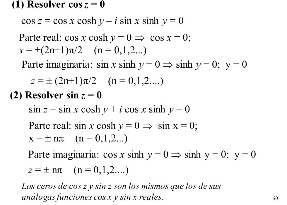cos z = cos x cosh y – i sin x sinh y = 0