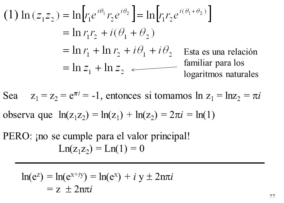 (1) Sea z1 = z2 = ei = -1, entonces si tomamos ln z1 = lnz2 = i
