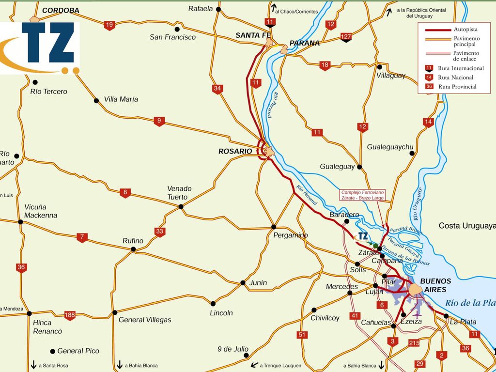 Este es un mapa de las rutas desde Córdoba y Santa Ge hasta La Plata.
