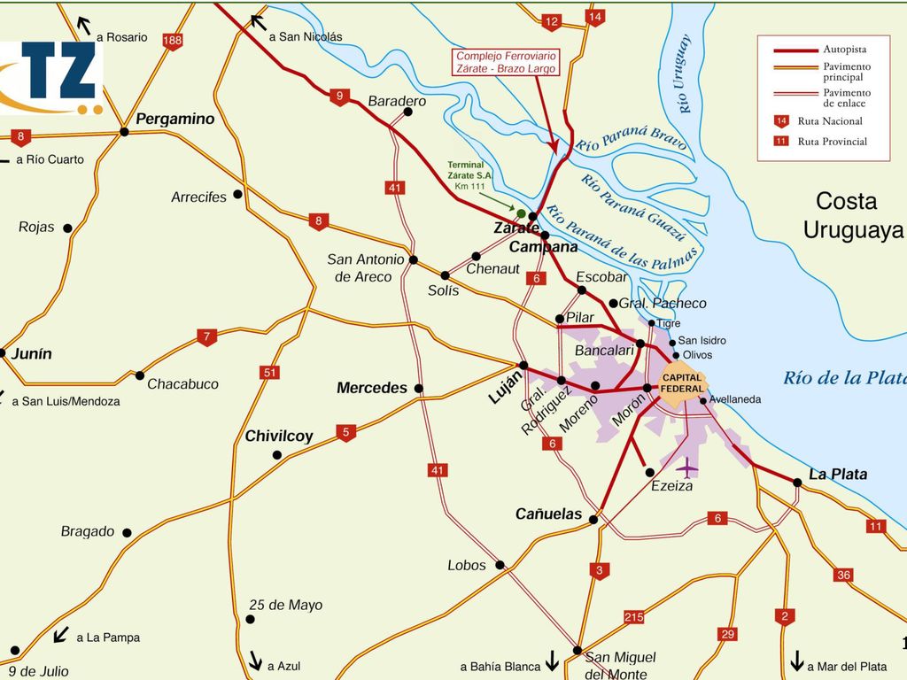 Este mapa muestra los caminos que levan al sistema portuario metropolitano que abarca desde La Plata hasta Zarate. Aquí vemos la zona urbanizada del gran buenos aires y los puertos de la plata, dock sud, terminales de puerto nuevo y campana / zarate.