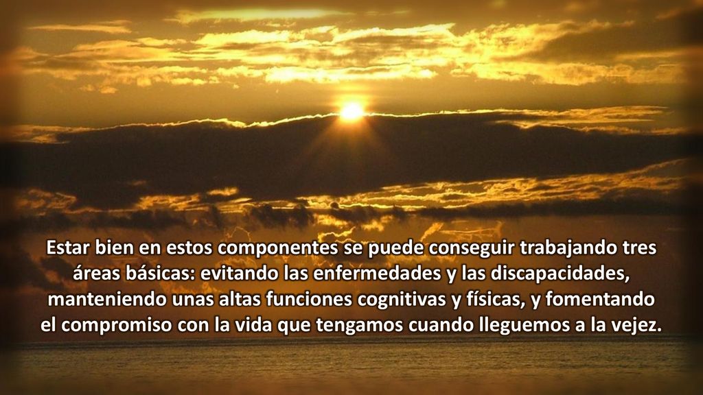 Estar bien en estos componentes se puede conseguir trabajando tres áreas básicas: evitando las enfermedades y las discapacidades, manteniendo unas altas funciones cognitivas y físicas, y fomentando el compromiso con la vida que tengamos cuando lleguemos a la vejez.