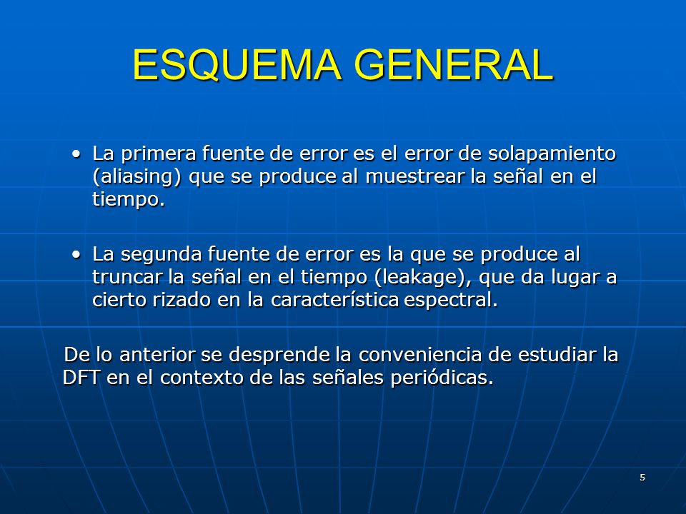ESQUEMA GENERAL La primera fuente de error es el error de solapamiento (aliasing) que se produce al muestrear la señal en el tiempo.
