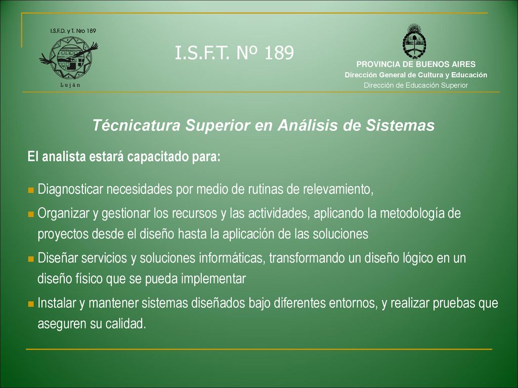 PROVINCIA DE BUENOS AIRES Técnicatura Superior en Análisis de Sistemas