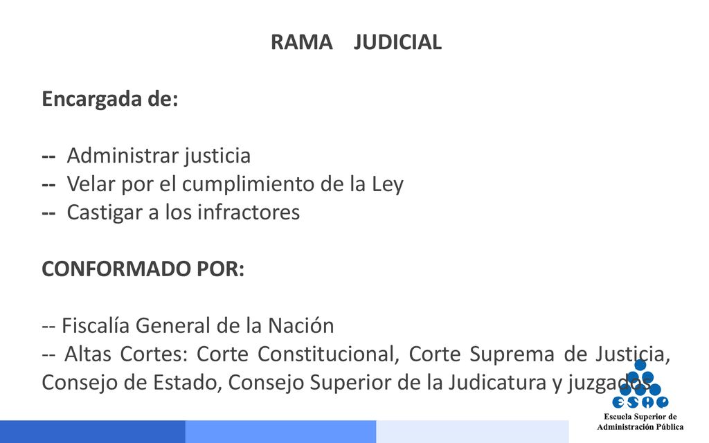 RAMA JUDICIAL Encargada de: -- Administrar justicia. -- Velar por el cumplimiento de la Ley.