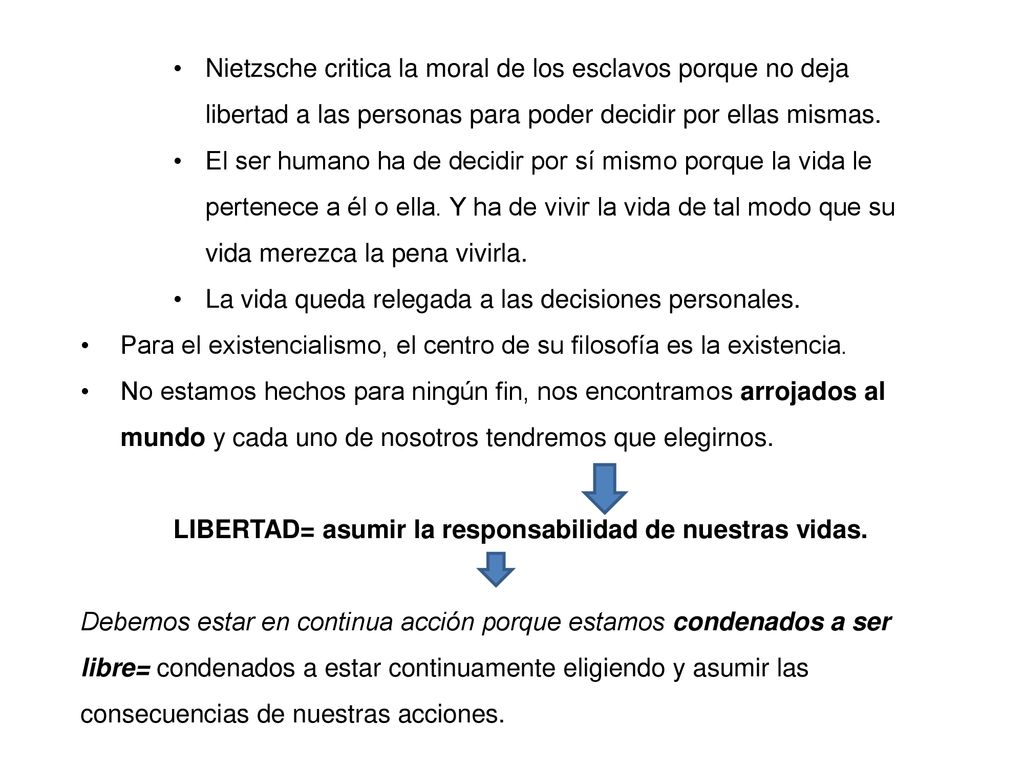 Nietzsche critica la moral de los esclavos porque no deja libertad a las personas para poder decidir por ellas mismas.